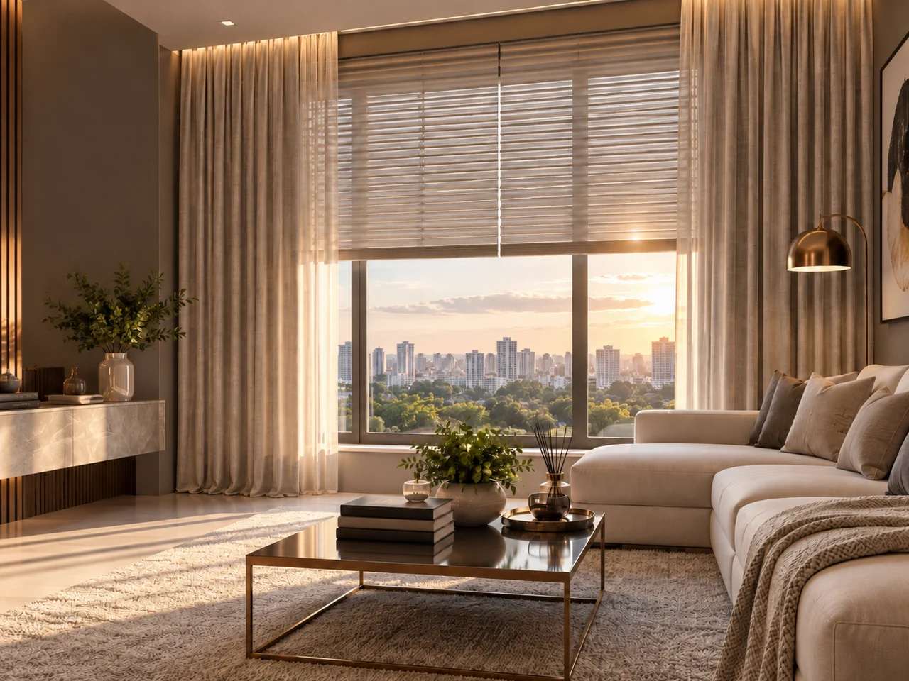 Ambiente com cortinas e persianas em projeto decorativo